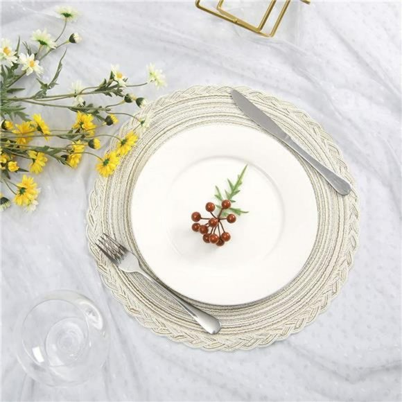 Round Placemats Set of 4 Braided Placemats Bordered  (Ivory Bordered, 4) - Picture 3 of 7